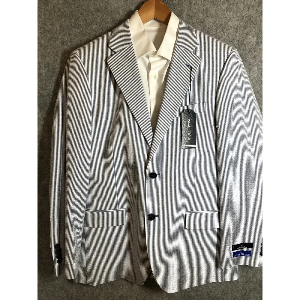 Nautica Blazer 38R Blue Stripe Cotton Seersucker Stretch Suit Coat Jacket w Tags